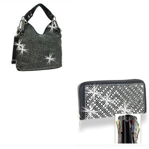 Sparkling Rhinestone Covered Shoulder Handbag & Matching Wallet 2 Piece Set
